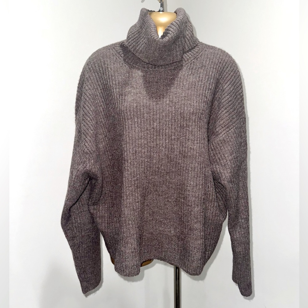 🧶🍂H&M Ribbed Knit Oversized Cozy Turtleneck Sweater Brown Gray | Size L